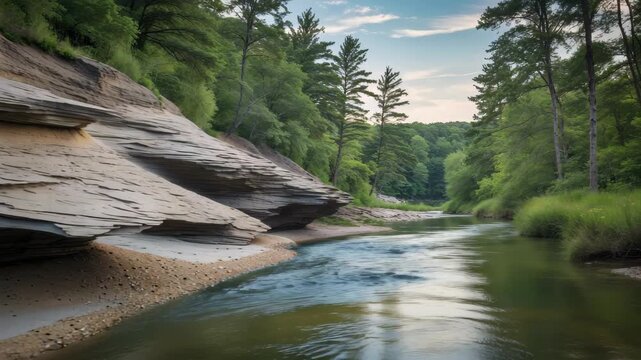 Exploring the Shoreline Formations of Duluth, Minnesota Along Lake SuperiorTranquil Summer River Scene with Serene Flowing Water and Softened Surroundings