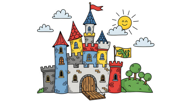 Whimsical cartoon castle with smiling sun and clouds