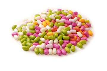 Sweet multicolored candies isolated on white background.