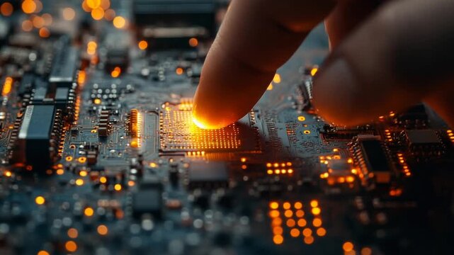 Close up of a finger touching a glowing computer chip on a circuit board. - Powered by Adobe
