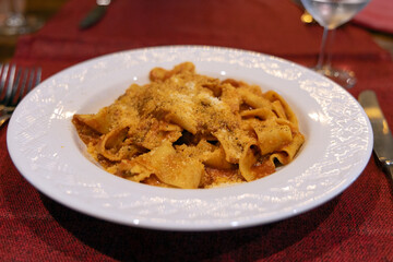 Close-up of Italian Pappardelle in Rome, Classic Italian Cuisine