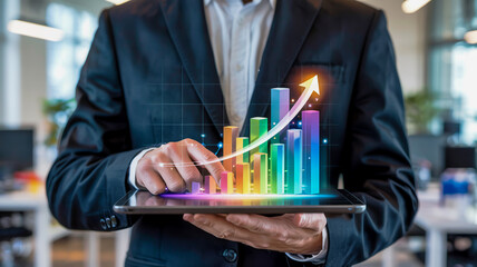 A close-up business analytics image showing a colorful 3D bar graph hologram floating above a black tablet device.