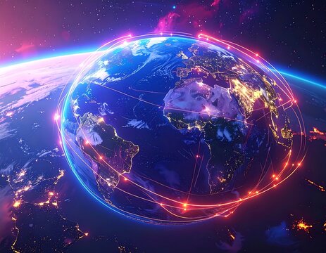 Earth, global network, vibrant lights