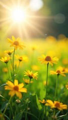 Obraz premium Golden Wildflowers Swaying in a Sun-Drenched Meadow A Tranquil Summer Scene of Vibrant Natures Beauty, Perfect for Idyllic Backgrounds and Peaceful Imagery.