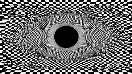 Abstract black and white checkerboard optical illusion creating a mesmerizing hypnotic tunnel vortex effect with a central void