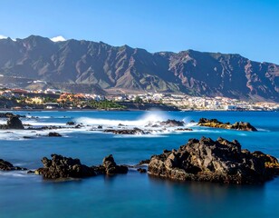 Fototapeta premium Coastal scene with rocks, ocean, town, and mountains under a bright blue sky
