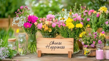 Hand-carved "Choose Happiness" sign on wooden plank with countryside flowers and rustic charm
