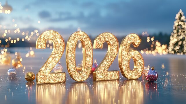 Gold 3D numbers "2026" glowing against a dark festive background, perfect for New Year ads