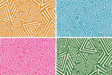 Set of four colorful seamless patterns with abstract geometric triangles.
Geometric triangle pattern set in orange, teal, pink, and green
Abstract op art concentric triangle backgrounds 