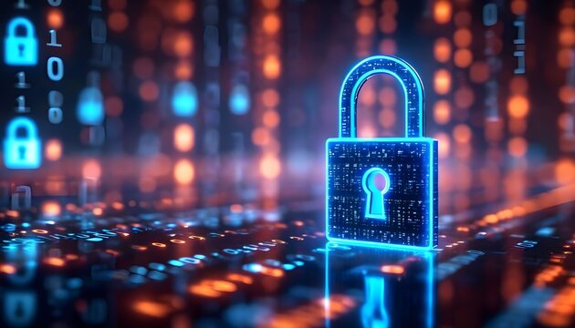 A glowing blue digital padlock symbolizing cybersecurity and data protection amidst abstract binary code and circuit patterns.