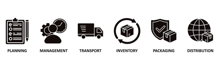 Logistics icon set vector illustration for planning, management, transport, inventory, packaging, and distribution