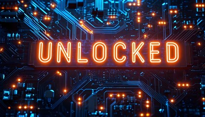 Digital circuit board with glowing orange text that reads "UNLOCKED" in the center, representing technology and access.