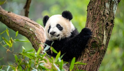 Adorable panda bear resting comfortably in a tree