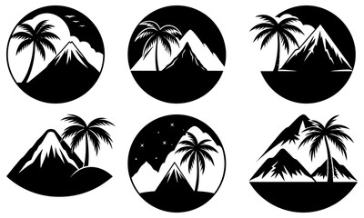 Obraz premium Collection of black and white mountain and palm tree scenes in oval and triangle shapes vector graphics