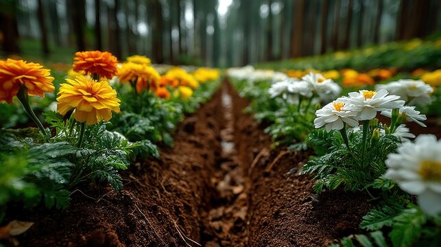 Colorful flowers bloom in neat rows along freshly tilled soil, surrounded by lush greenery in a serene forest setting. - Powered by Adobe
