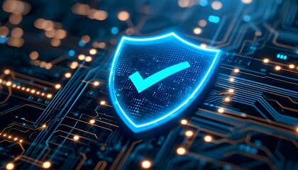 A glowing blue shield with a checkmark, symbolizing digital security and protection against cyber threats on a circuit board background.