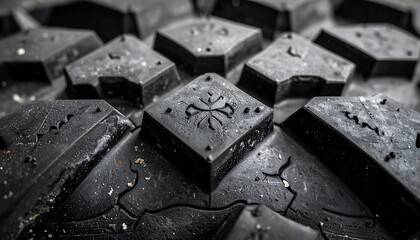 Detailed, close-up shot showing intricate treads on a black tire