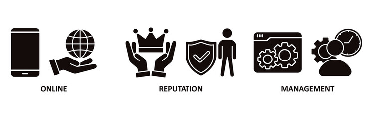 ORM icon set vector illustration for online reputation management with icon of internet, browser, winner, trust, favorite, and business