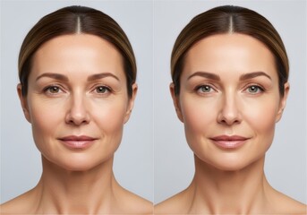 Before and after comparison of mature woman's face. Anti-aging treatment results showing reduction of wrinkles and smoother skin. Cosmetology, facelift, and skincare concept for rejuvenation.