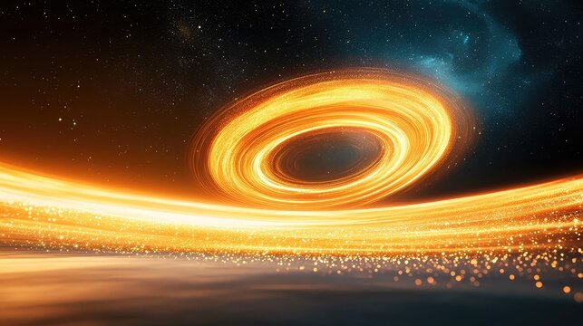 Spiraling golden light trail glows in black space, capturing the allure of prosperity and grandeur