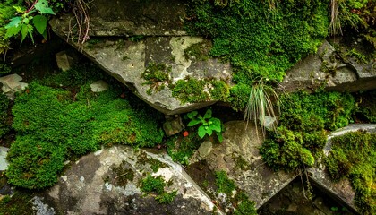 Detailed close-up of textured stone wall covered in vibrant green moss