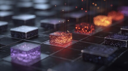 Dynamic Data Visualization, Glowing Cubes, Digital Environment, Graphic Design, Futuristic Aesthetic, Close-up Perspective