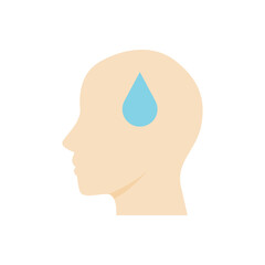 Head hydration icon. Profile head with a water drop, flat vector for hydration, heat, stress, or wellness visuals.