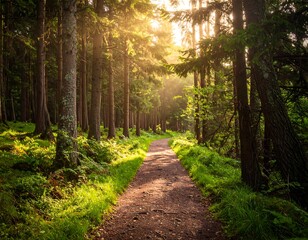 Obraz premium A sun-dappled path winds through a lush, green forest, beckoning forward