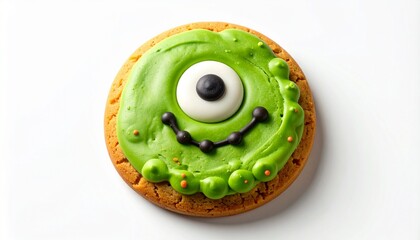 The Monster Cookie. A professional studio photograph of a single, freshly baked, generic sugar cookie, decorated to look like a friendly, green monster.
