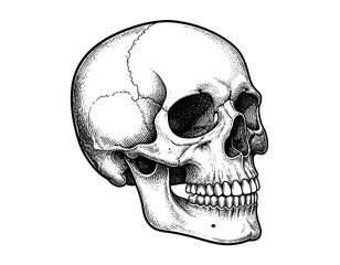 Detailed grayscale illustration of a human skull, side view, on a white background