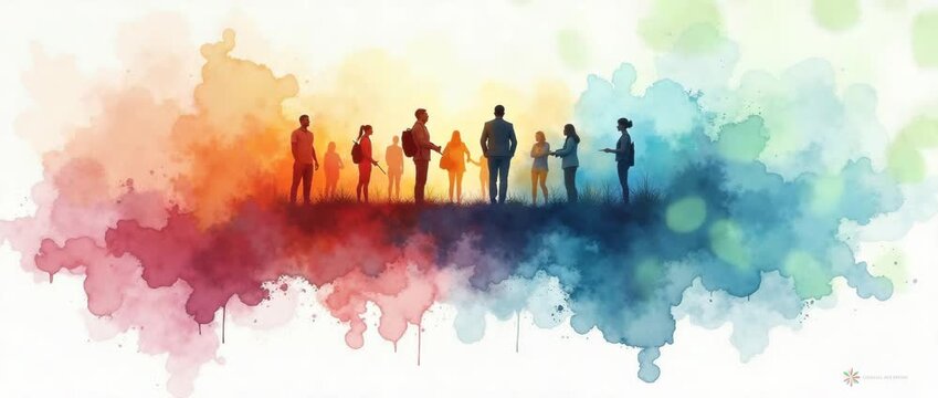 An expressive image merging themes of change management and leadership, utilizing abstract watercolor techniques with structured composition for ideal advertising use.