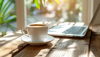 A white coffee cup on a wooden desk beside a laptop in natural morning light, creating a cozy work-from-home atmosphere and symbolizing productivity, relaxation, and inspiration.