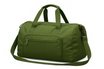 Green canvas duffel bag featuring carrying handles and a detachable shoulder strap, useful for travel and fitness