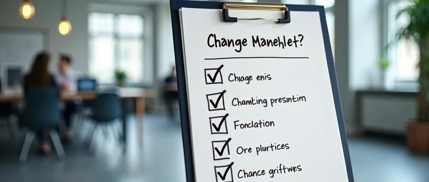A visually appealing change management checklist displayed on a clipboard, featuring concise points, designed with empty space for additional notes in a calm office setting.