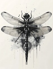 Detailed illustration of a dragonfly, ink-style, with symmetrical wings