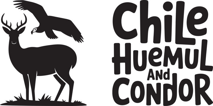 Chile Huemul Deer and Condor Birds National Symbols Vector Illustration Chilean Wildlife
