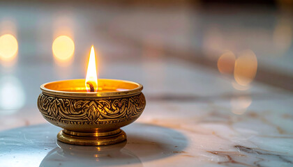 Carved brass oil lamp on marble floor, candle with flame, sacred and elegant Diwali decor.
