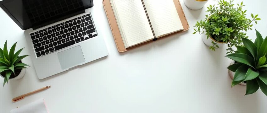 A serene office setup with plants, a laptop, and stationery, arranged according to the hierarchy of importance, with negative space for branding purposes.