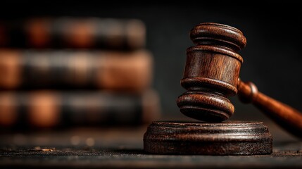 A close-up of a wooden gavel and block, symbolizing justice, with blurred law books in the background, creating a powerful legal ambiance.