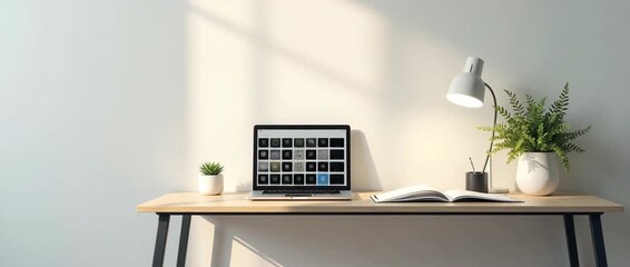 A minimalist design featuring a lone desk with a laptop and workspace accessories, highlighting business productivity services with plenty of copy space.