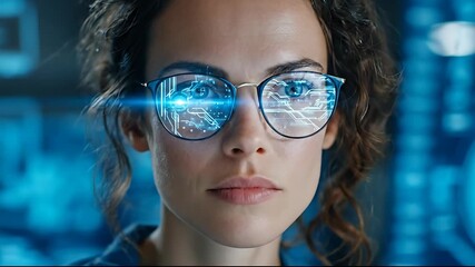 Woman wearing glasses with digital circuit overlay - Powered by Adobe