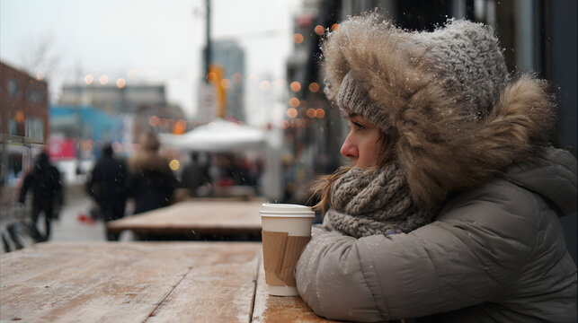Winter's Solitude: A woman bundled in winter attire, with a fur-lined hood, sits at an outdoor cafe, holding a warm beverage, lost in thought as the city bustles behind her in a gentle blur.