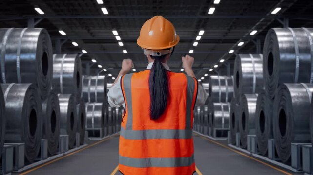 Back View Of A Female Engineer With Safety Helmet Raising Her Hands Celebrating While Working with Stacks of Huge Metal Steel Coils in Warehouse
