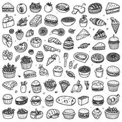 Detailed illustration of diverse food items in black and white