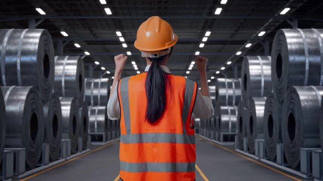 Back View Of A Female Engineer With Safety Helmet Raising Her Hands Celebrating While Working with Stacks of Huge Metal Steel Coils in Warehouse