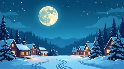A serene winter village scene under a bright, full moon with snow-covered houses and trees.