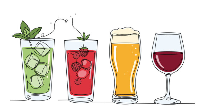 A selection of refreshing drinks including cocktails and beer.