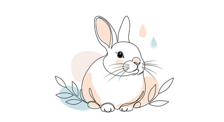 Fototapeta premium A delicate watercolor illustration of a cute fluffy rabbit surrounded by soft pastel shapes and leaves.