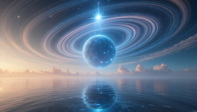 Glowing blue planet orbiting star with colorful vortex and mirrored ocean below
