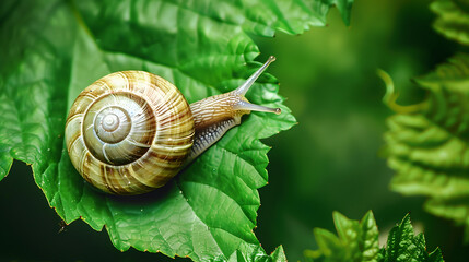 Snail on a green leaf